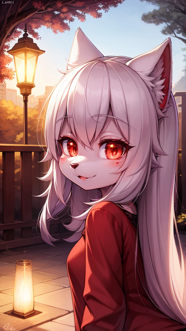 furry, white fur, ultra cute face, ultra long eyelashes, red elements on fur, glowing t-shrt, beautiful lights and shadows, ambient light, ultra detailed fur, vol