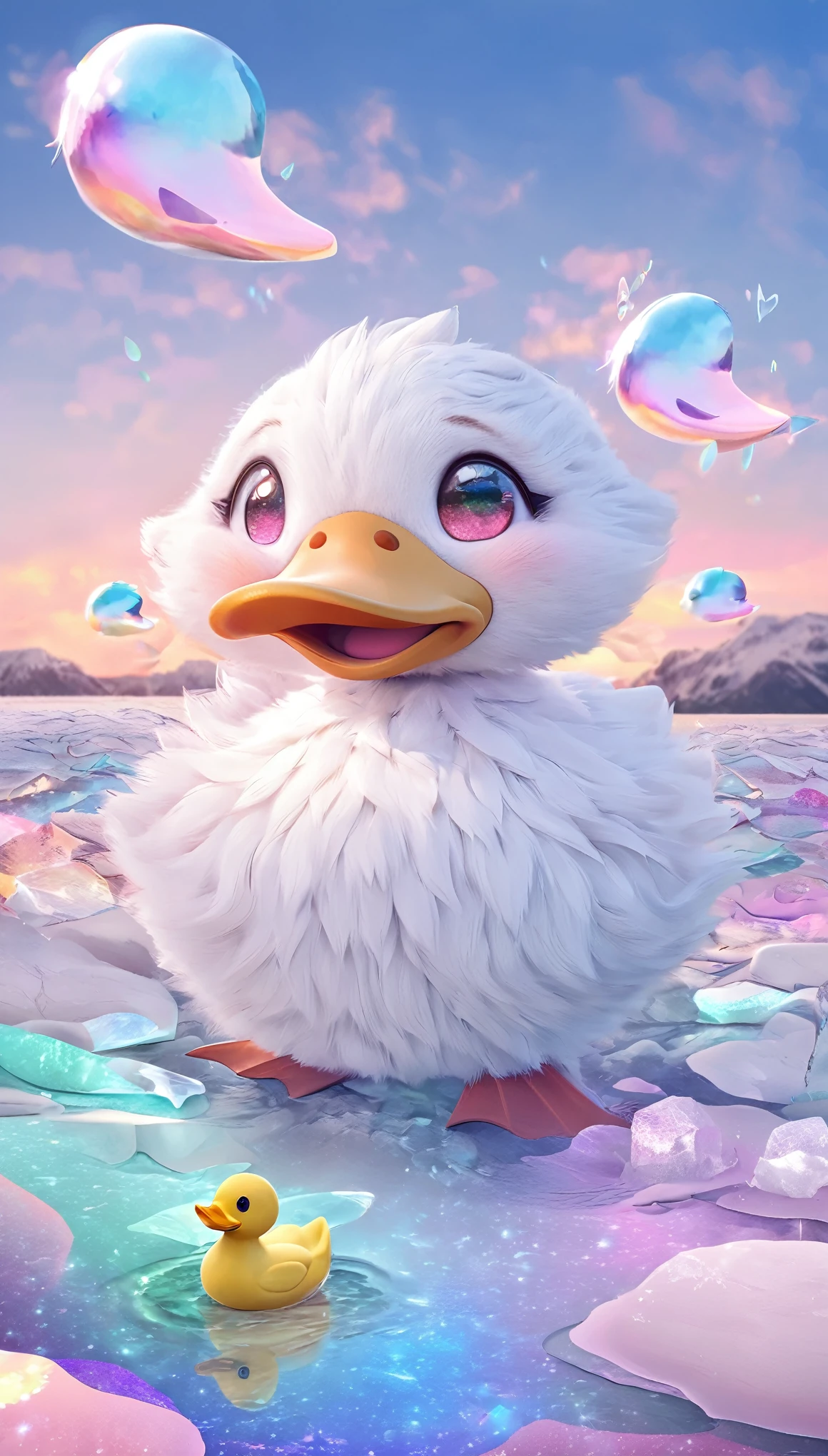 super deformed, furry, funny, best quality, super fine, 16k, white fluffy cute duck, big surprised expression, cute pose, on drift ice, fantasy world image, fantastic and mysterious, variety of visual styles that combine various artistic elements like a sparkling iridescent pastel and vivid colors