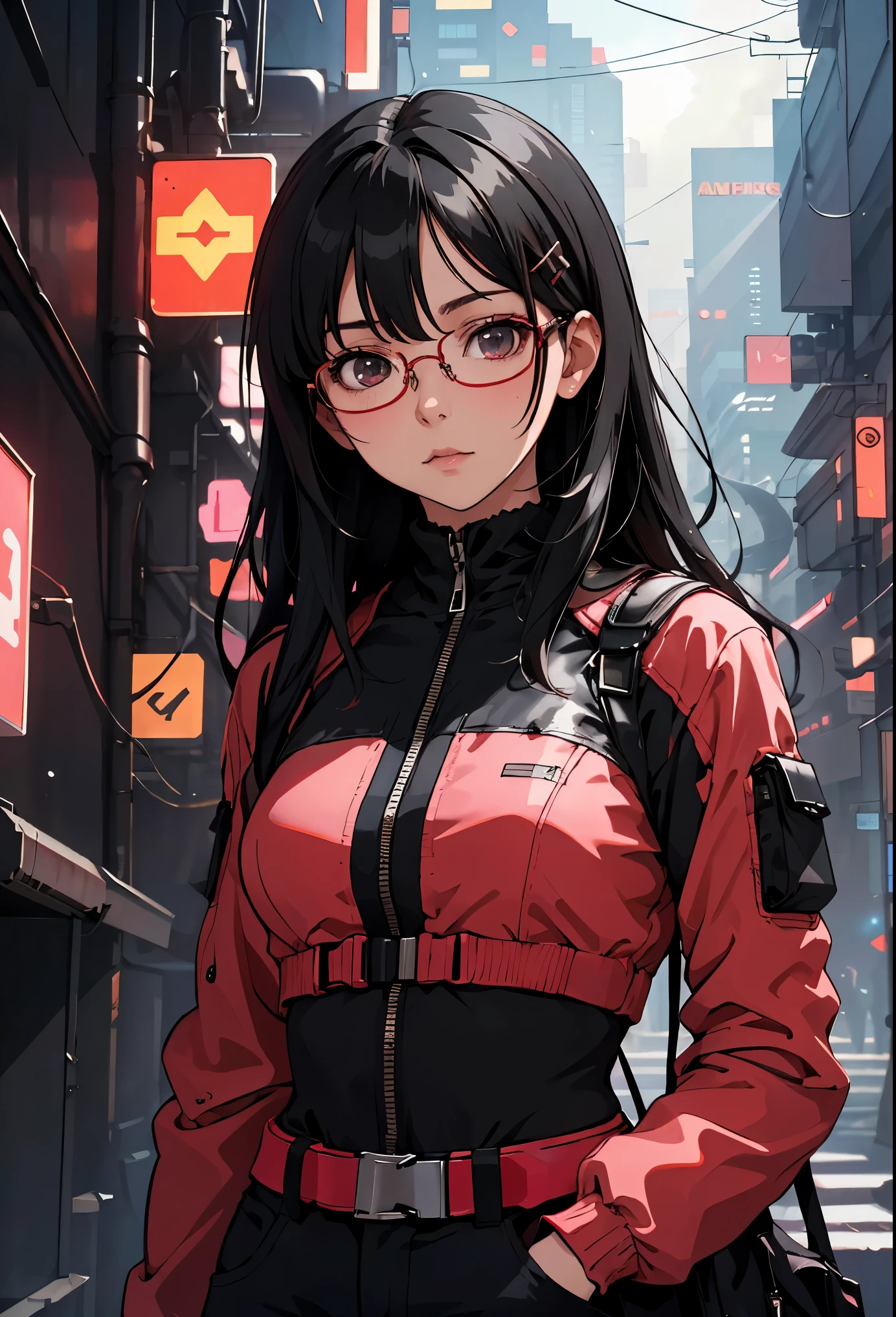 (safe:1.10), best quality, masterpiece, highres, solo, (long black hair, sqaure glasses, hairpin),  looking at viewer, anime_style, 24 , halfbody, cyberpunk,