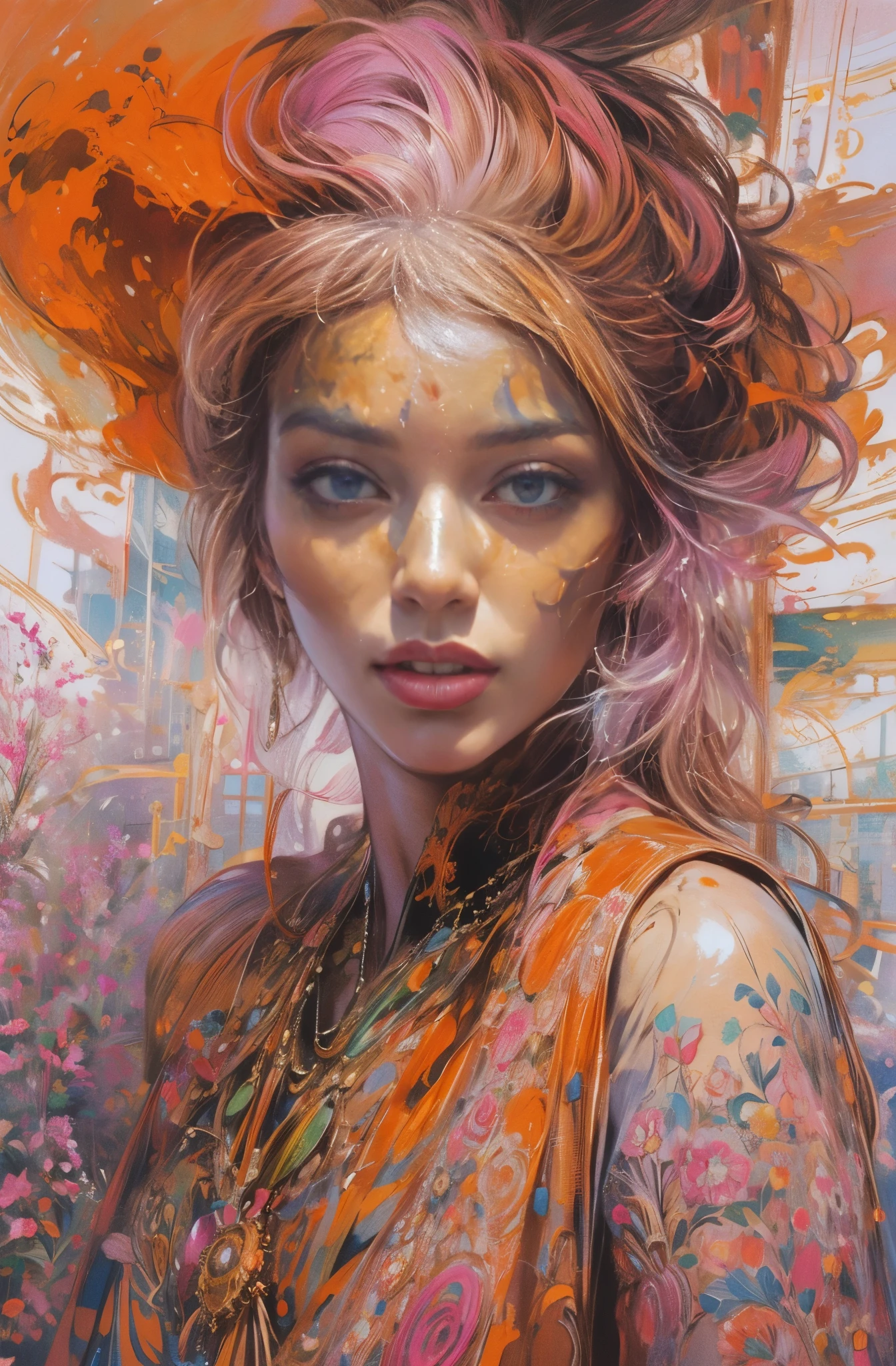 Painting of a woman in magenta and orange colors, pretty much beautiful face, Ultra-detailed paintings inspired by WLOP, Trends on ArtStation, fantasy art, complicated fuss, art of wallop, wallop art, WLOP |, wallop style, beautiful character drawings, Wlop painting style, WLOP | germ of art, Unparalleled Beauty Tumbler, figurative art, intense watercolor, watercolor detailed art, watercolor splash, surreal, avant-garde pop art, Beautiful and expressive paintings, Beautiful artwork illustration, very colorful tones, wonderful, cool beauty, masterpiece, highest quality, official art, women only, sharp outline, best shot, vector art, Written by Sandra Chevrier, dave mckean、By Richard Avedon、Written by Makiezi Kusiala, luminous design