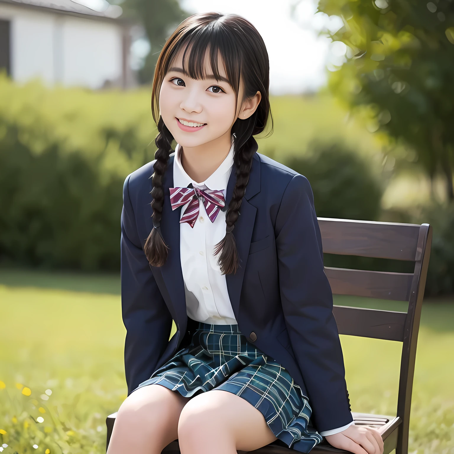 (highest quality、masterpiece:1.2)、highest quality、realistic、photograph、High resolution、1080p、8K、Pale, rough skin、The face is especially pale., physical rendering、Height: 150cm, one Japanese girl、A Japanese junior high school student sitting on a chair in a flower field、cute japanese girl, , , (((big very detailed beautiful dark brown eyes))), ((girly large wine-red glossy polyester Japanese school ribbon bow tie)), ((((very beautiful long braids hair)))), ((((deep blue colored tartan checkered formal long pleated skirt)))), ((A formal dark blue blazer that is slightly oversized and has an emblem on the left chest.)), (((Looking at the viewers with loving eyes, smiling))), Very fun, Very happy, mouth is open, The big skirt is very cute, detailed fingers, modest chest, ((curled bangs)), so beautiful, long eyelashes, ((Very big and very very very cute eyes of a Japanese girl)), ((large pupils)), double eyelids, The entire skirt is photographed, Very cute face, thin eyebrows, ((drooping eyes)), ((long eyelashes)), maximum smile, The pure white light hits my face from the front, making my eyes sparkle., (((((Very pretty princess-like face))))), ((round face)), hands on chest, My forehead is wide