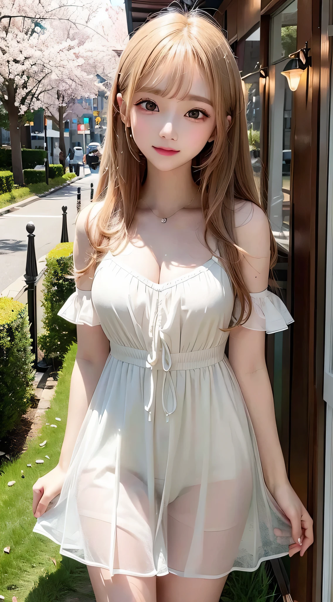 Beautiful white and shining skin、Chestnut hair that changes depending on the light、Long bangs between the eyes that obstruct the view、Cheek gloss highlights、Sexy and very beautiful nice gorgeous face、the most beautiful face in the world、small face beauty、golden ratio、full body shot、short hair、plump breasts、slender、open your mouth a little、solo、natural soft light、Spring-like fashion、constriction、Chiffon frill flare dress、cardigan、Cherry blossom trees、Dancing cherry blossom petals、