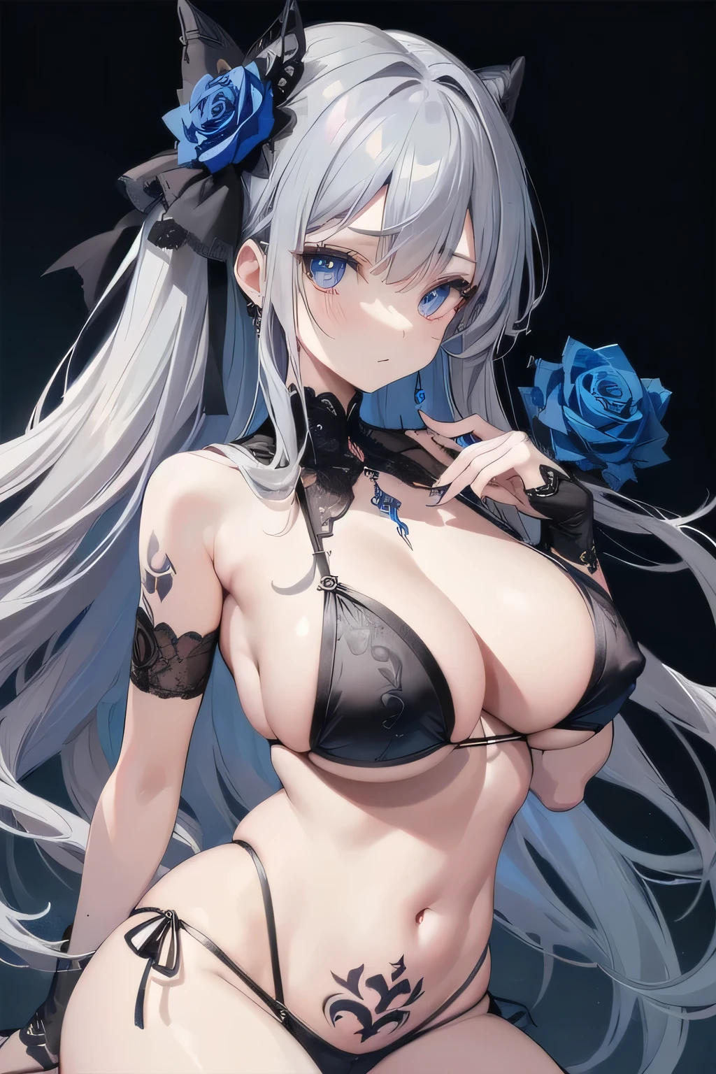 super detailed face, erotic girl, Tempting, micro bikini, Gothic and luxurious, Rose tattoos, A carefully decorated blue rose hair accessory, gray hair, solid color background, Draw the navel, breasts of average size, not too large udder, round chest