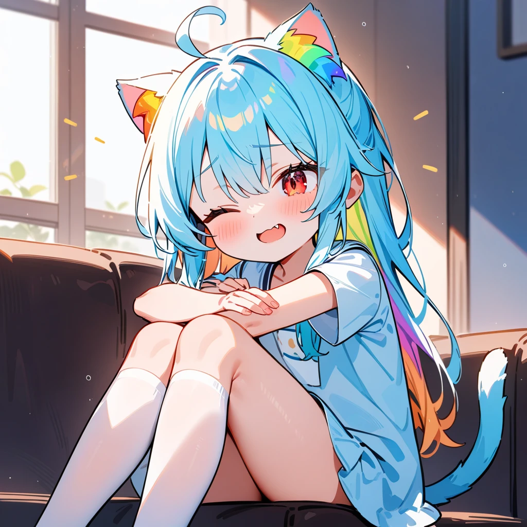 (masterpiece:1.2,high quality),8K,High resolution,An eleven-year-old girl,cute girl,cat ears,((rainbow hair)),long hair, red eyes,one eye closed,ahoge,laughing,Fang out,Sitting on the sofa,Light blue short-sleeved top,white stockings:1.6,primary school student,thigh,alone,((cat tail))