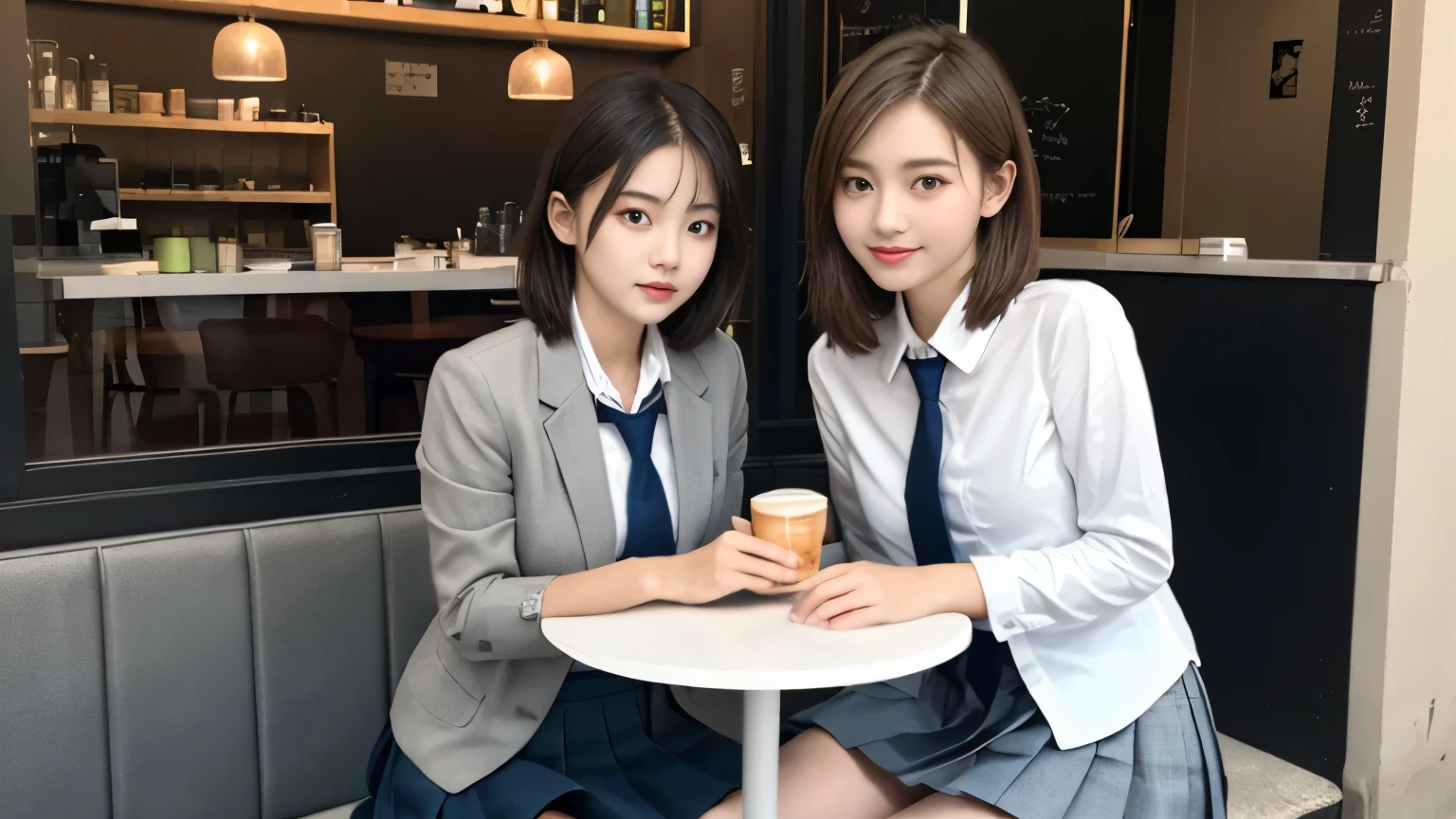 8K, highest quality, real image, intricate details, Super detailed, ultra high resolution, depth field,(realistic,realistic:1.2),table top , front shot , Photographed at a stylish cafe , girl, とても美しい17歳のgirl, innocent big eyes,、highly detailed eyes:1.2)、bangedium short hair, perfect skin, Fair skin, tight waist, light blush, look at the viewer,((School_uniform),(blazer), (white shirt、wear a tie), (gray pleated skirt), (sculpture installation :1.1), urban cafe space, Customers enjoying cafe around