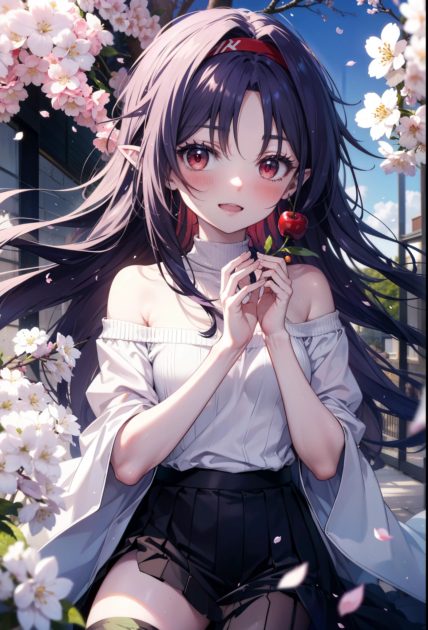 yuukikonno, yuuki konno, hairband, long hair, pointy ears, purple hair, (red eyes:1.5), (small breasts:1.2),blush, happy smile, smile, open your mouth,Hunting Cap,White off-shoulder sweater,bare shoulders,naked neck,bare clavicle,Purple long skirt,white sneakers,Cherry blossoms are scattered,cherry blossoms are blooming,Cherry Blossom Tree-lined Path BREAK looking at viewer, upper body, full body,
BREAK outdoors, garden,
BREAK (masterpiece:1.2), best quality, high resolution, unity 8k wallpaper, (illustration:0.8), (beautiful detailed eyes:1.6), extremely detailed face, perfect lighting, extremely detailed CG, (perfect hands, perfect anatomy),