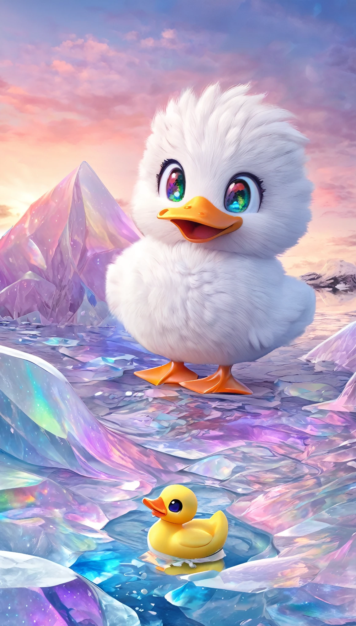 super deformed, furry, funny, best quality, super fine, 16k, white fluffy cute duck, big surprised expression, cute pose, on drift ice, fantasy world image, fantastic and mysterious, variety of visual styles that combine various artistic elements like a sparkling iridescent pastel and vivid colors
