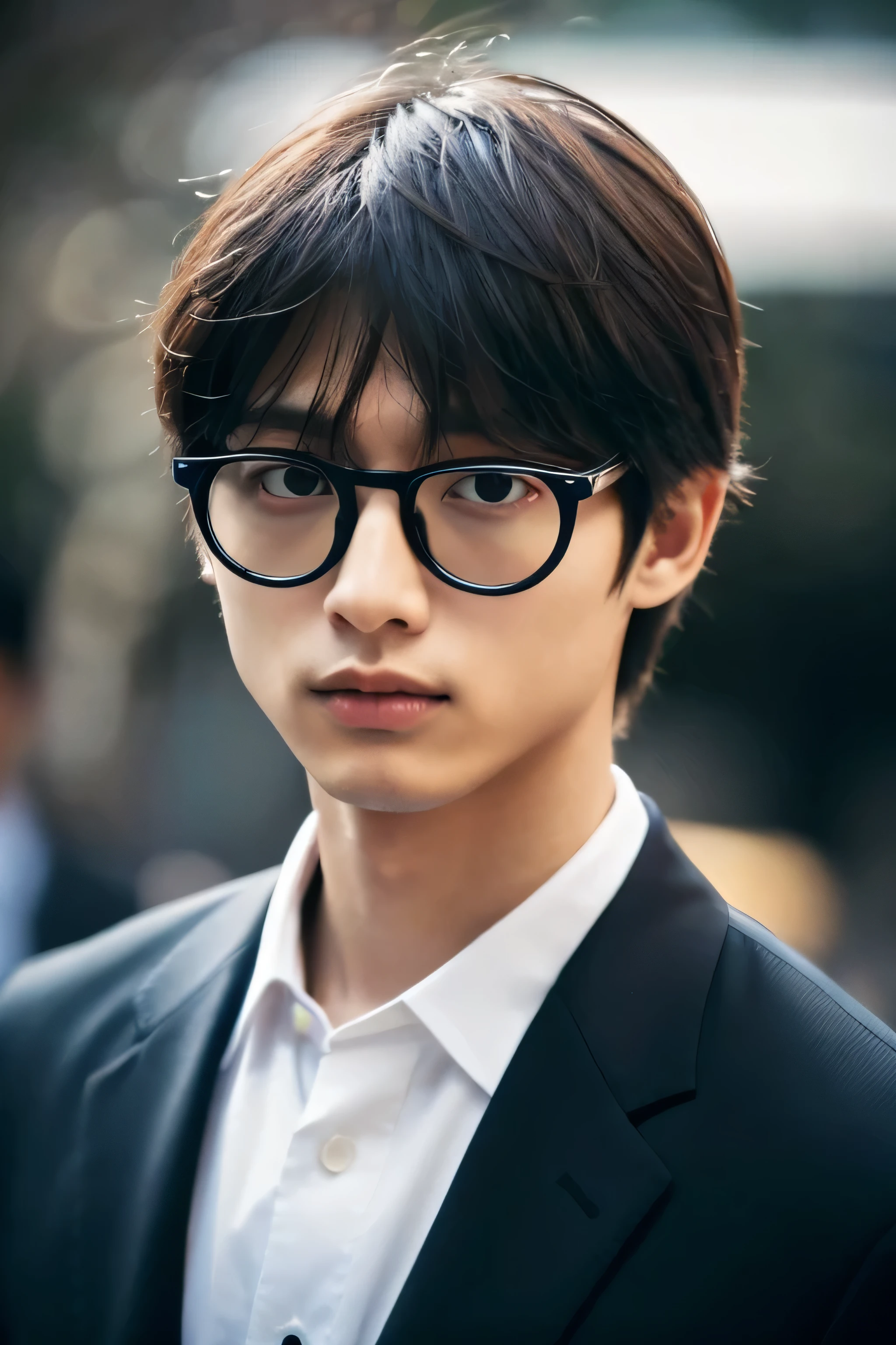 Wearing transparent glasses、Tokyo Marunouchi、Sidewalk under the trees、body whole、Height 178cm、long legs、Walking briskly and hurriedly、wearing frameless glasses、Talking on an iPhone、Holding a black bag handle、He wears a white shirt and a dark blue suit、navy blue tie、No tie pin、A beautiful young 18 year old man、Kazuma、masterpiece photo、ultra high resolution、 Really detailed RAW photos.single eye、droopy eyes、 Attractive, very large eyes、Eye color is dark brown,The lips are thin and tight、The tip of the nose is straight、nostrils are small、 dark brown hair, Fair skin, slim body shape
