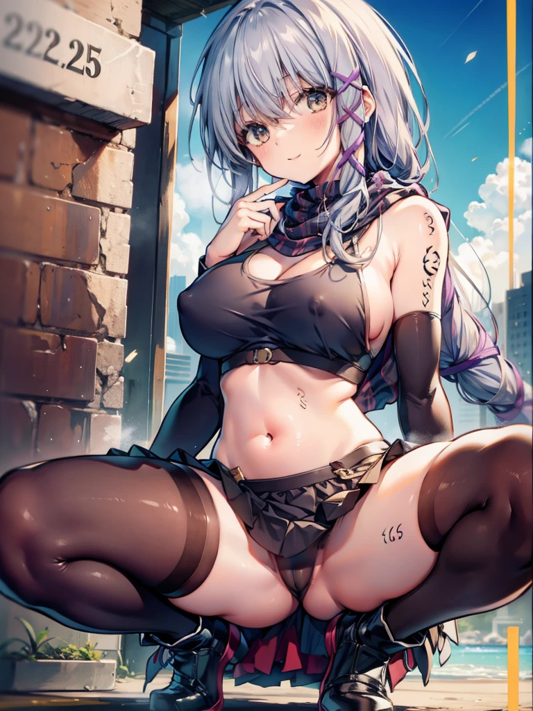 (NSFW:1.2),masterpiece, highest quality, full body,BREAK Crouching,Sticking out her butt,combing one's hair、BREA looks back with a smile(Claire Rathbird, long ponytail, hair ribbon, Striped scarves, black dress, fingerless gloves, thigh high boots,one navel, pull up the skirt、pantyhose、black panties、huge breasts、black sports bra、wide open cleavage)
