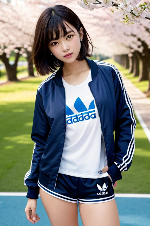 masterpiece, best quality, ultra high res, absurdres, (photorealistic:1.4), 8k, ultra detailed, perfect anatomy, perfect lighting, 1 girl, cute, beautiful detailed face, (beautiful detailed eyes:1.2), big eyes, japanese girl, (standing:1.5), (cowboy shot:1.1), (adidas navy track-jacket:1.5), (long track-jacket:1.5), (short shorts:1.5), bangs, (short bob:1.2), (brown hair:1.2), (track and field:1.2), cherry blossoms
