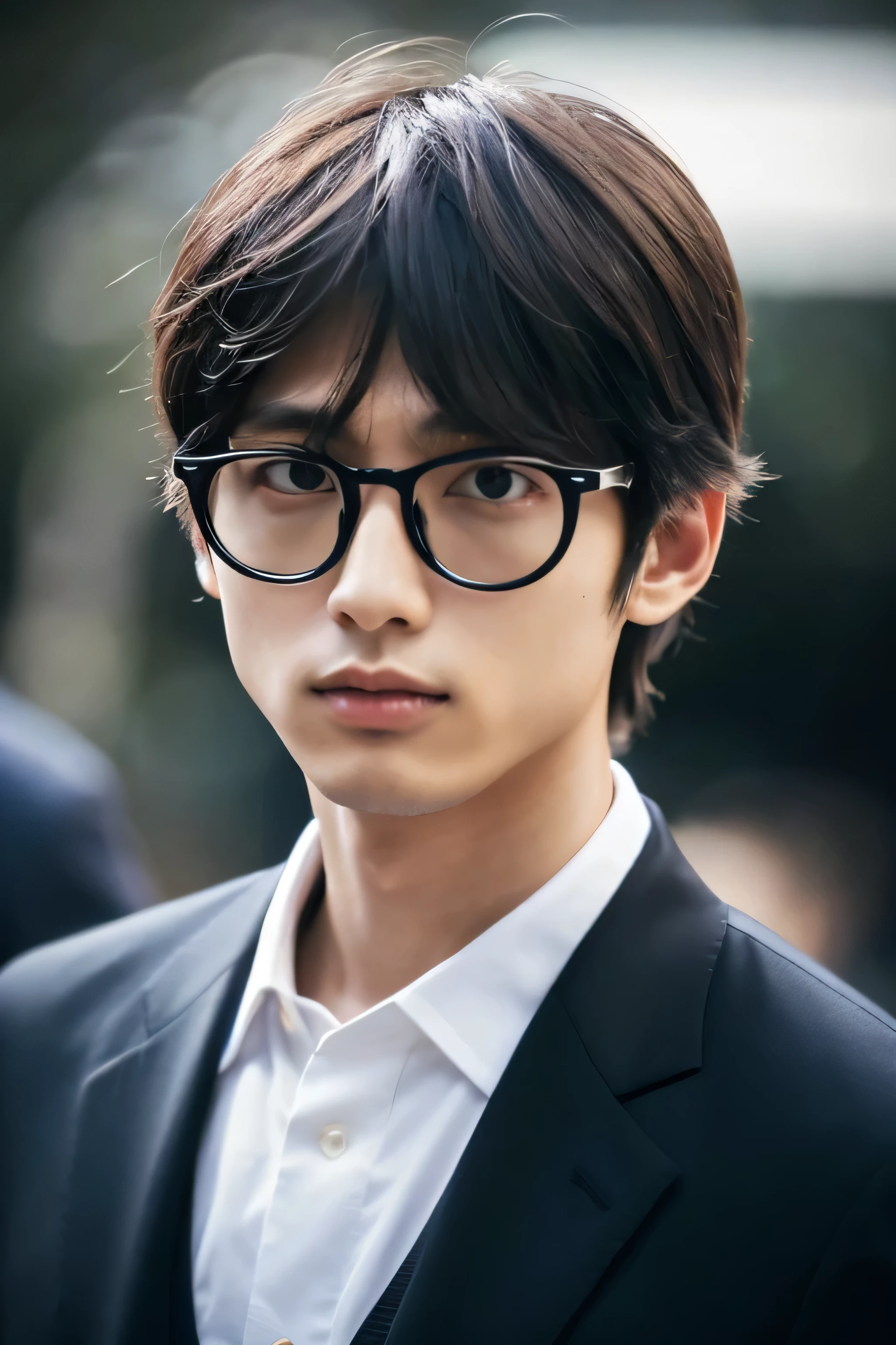 Wearing transparent glasses、Tokyo Marunouchi、Sidewalk under the trees、body whole、Height 178cm、long legs、Walking briskly and hurriedly、wearing frameless glasses、Talking on an iPhone、Holding a black bag handle、He wears a white shirt and a dark blue suit、navy blue tie、No tie pin、A beautiful young 18 year old man、Kazuma、masterpiece photo、ultra high resolution、 Really detailed RAW photos.single eye、droopy eyes、 Attractive, very large eyes、Eye color is dark brown,The lips are thin and tight、The tip of the nose is straight、nostrils are small、 dark brown hair, Fair skin, slim body shape