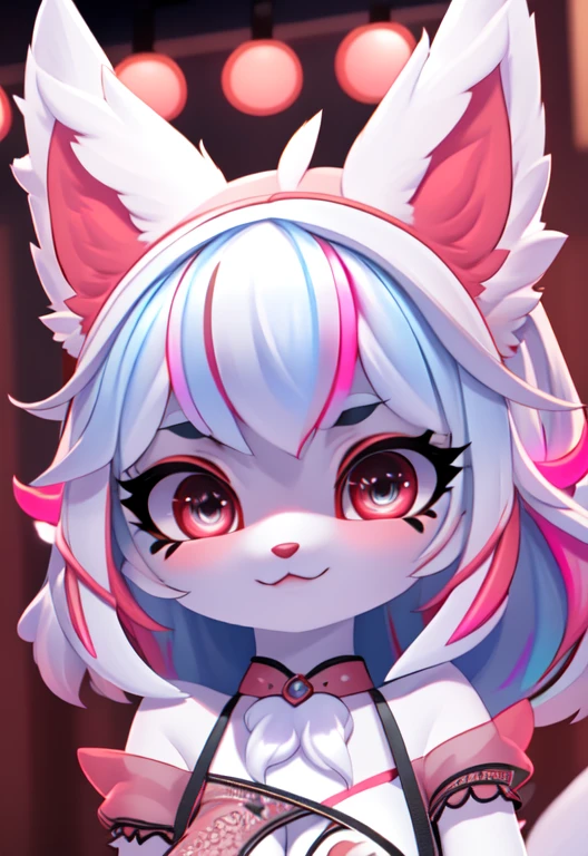 furry, white fur, ultra cute face,ultra long eyelashes, red elements on fur, glowing t-shrt, beautiful lights and shadows, ambient light, ultra detailed fur, ,neon highlights, chiaroscuro, masterpiece, epic, ultra HD, intricate