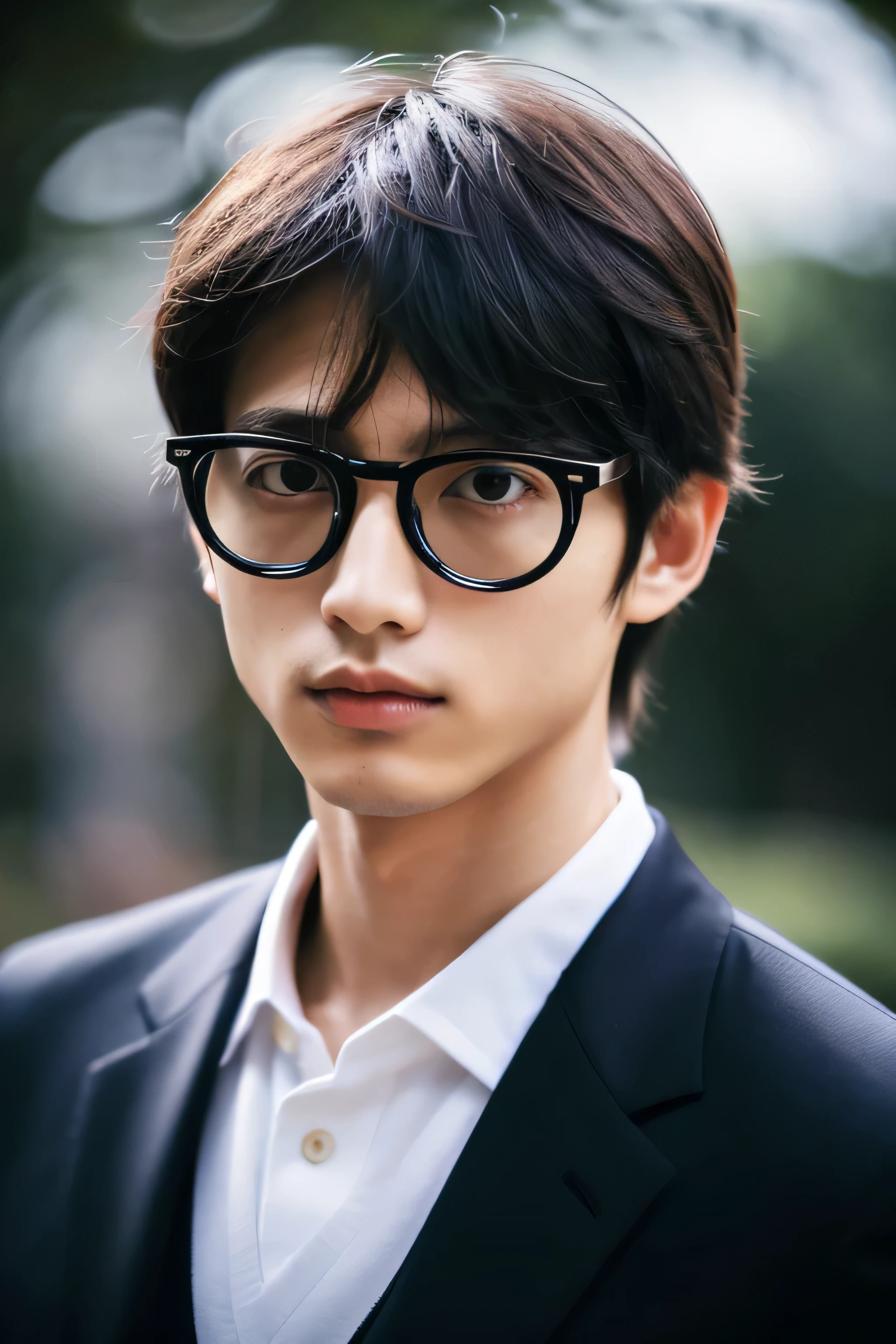 Wearing transparent glasses、Tokyo Marunouchi、Sidewalk under the trees、body whole、Height 178cm、long legs、Walking briskly and hurriedly、wearing frameless glasses、Talking on an iPhone、Holding a black bag handle、He wears a white shirt and a dark blue suit、navy blue tie、No tie pin、A beautiful young 18 year old man、Kazuma、masterpiece photo、ultra high resolution、 Really detailed RAW photos.single eye、droopy eyes、 Attractive, very large eyes、Eye color is dark brown,The lips are thin and tight、The tip of the nose is straight、nostrils are small、 dark brown hair, Fair skin, slim body shape