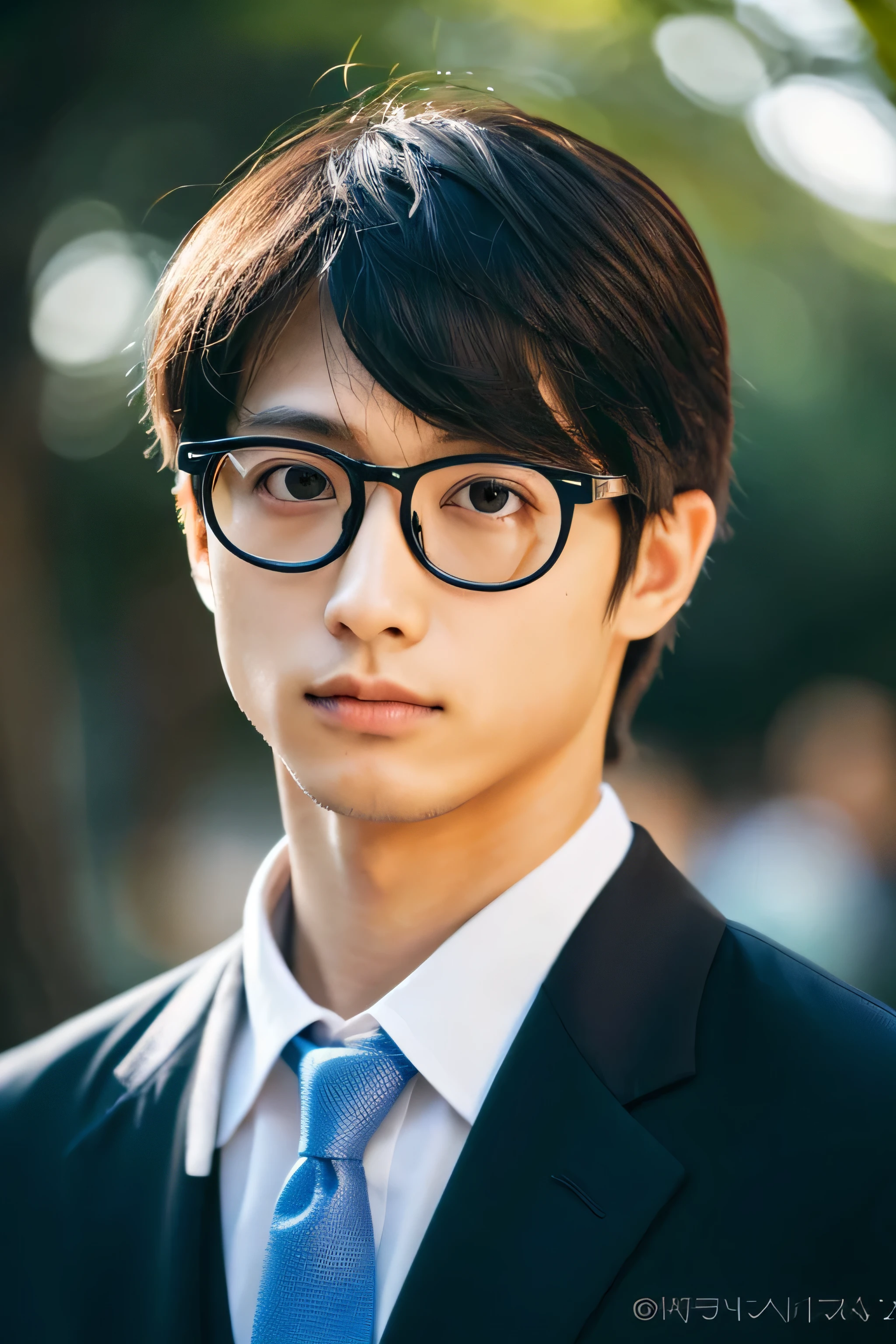 Wearing transparent glasses、Tokyo Marunouchi、Sidewalk under the trees、body whole、Height 178cm、long legs、Walking briskly and hurriedly、wearing frameless glasses、Talking on an iPhone、Holding a black bag handle、He wears a white shirt and a dark blue suit、navy blue tie、No tie pin、A beautiful young 18 year old man、Kazuma、masterpiece photo、ultra high resolution、 Really detailed RAW photos.single eye、droopy eyes、 Attractive, very large eyes、Eye color is dark brown,The lips are thin and tight、The tip of the nose is straight、nostrils are small、 dark brown hair, Fair skin, slim body shape