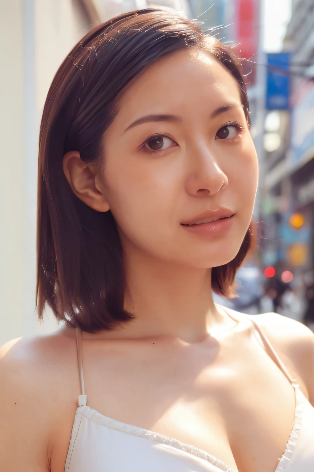 NSFW:1.5,((highest quality、8K resolution、master masterpiece、portrait:1.3)), Photoreal, 35mm film, 1 Japanese female, Upper body、on the street during the day, wrinkles around the eyes、plump body、long hair_hair slicked back、smile,((white bra_panties:1.3)) , (outdoor:city street 1.3), jumbled background,look at the audience,Tokyo cityscape:1.3,smile