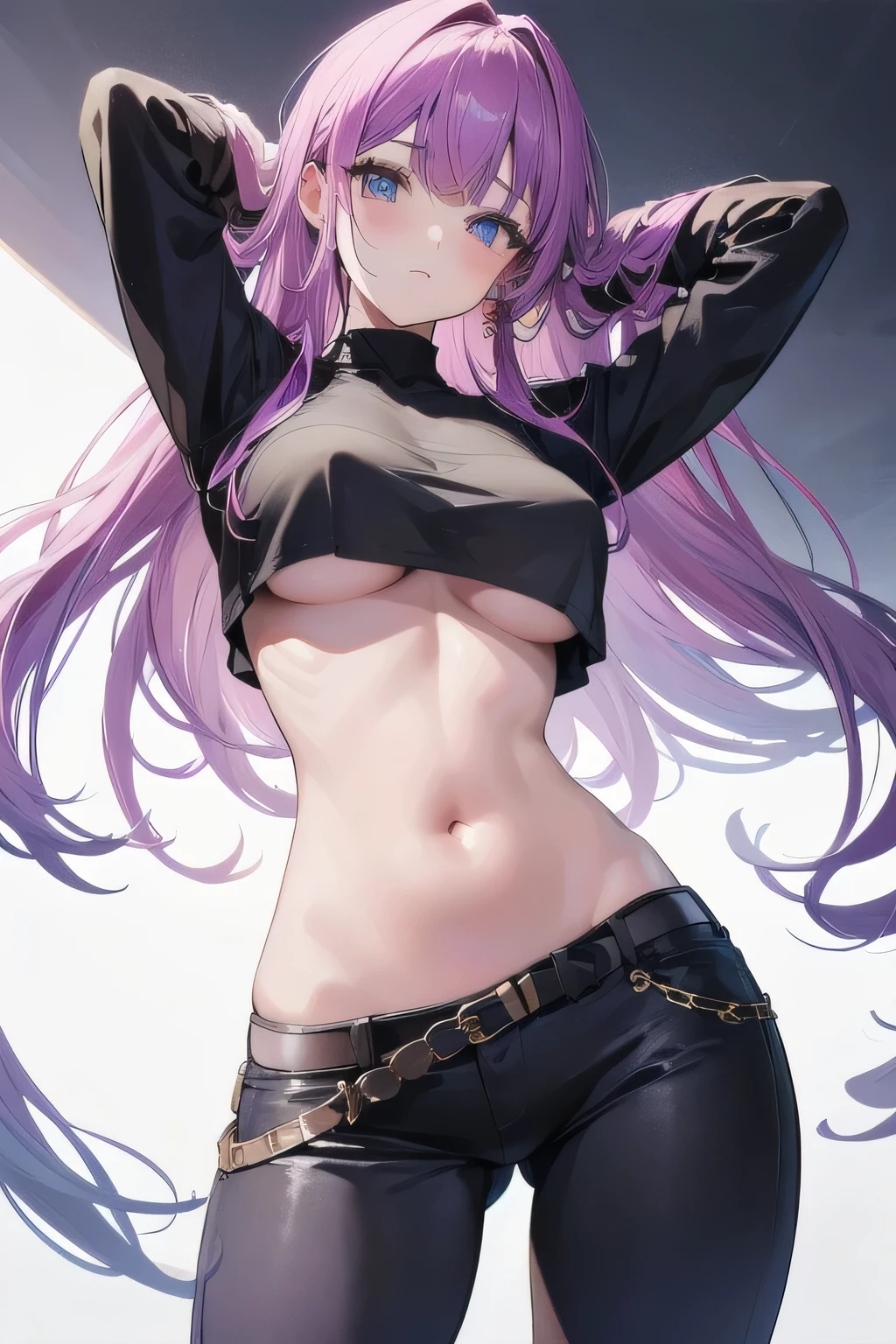 girl&#39;s lower body, big thighs, Ultra-detailed pants, belly button, big ass, beautiful waist, Do not draw the upper body, belly buttonより下の体の絵を描く