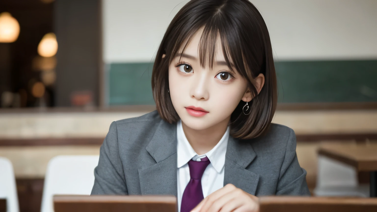 8K, highest quality, real image, intricate details, Super detailed, ultra high resolution, depth field,(realistic,realistic:1.2),table top , front shot , Photographed at a stylish cafe , girl, とても美しい17歳のgirl, innocent big eyes,、highly detailed eyes:1.2)、bangedium short hair, perfect skin, Fair skin, tight waist, light blush, look at the viewer,((School_uniform),(blazer), (white shirt、wear a tie), (gray pleated skirt), (sculpture installation :1.1), urban cafe space, Customers enjoying cafe around