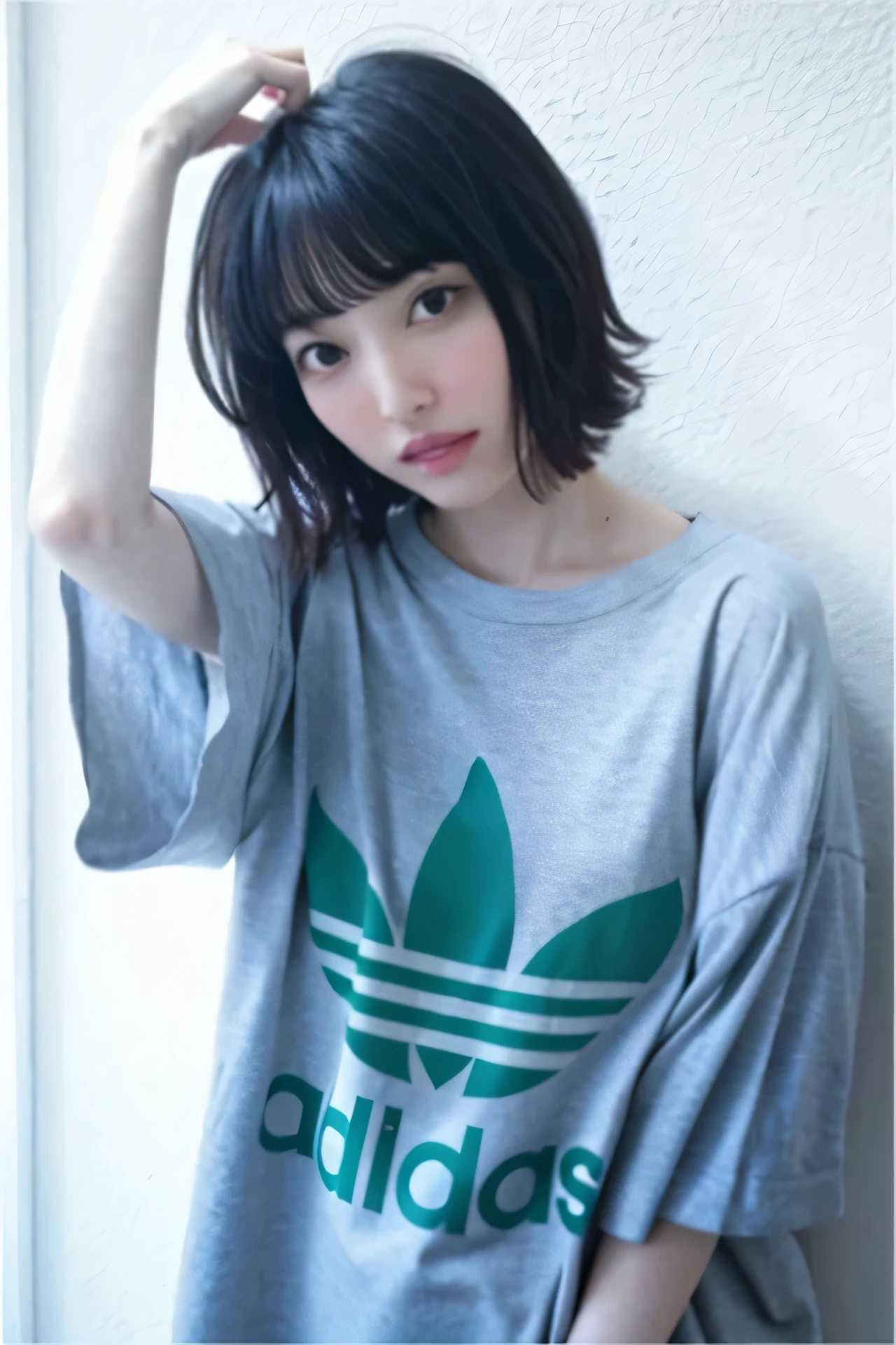 Arabian style Asian woman wearing grey shirt with green Adidas logo, Chiho, kiko mizuhara, chihiro! Fujisaki, wearing Adidas clothes, Sui Ishida with black hair, with short hair, motto hole, by Shinoda Toko, Sui Ishida, Yoshitomo Nara, shikamimi