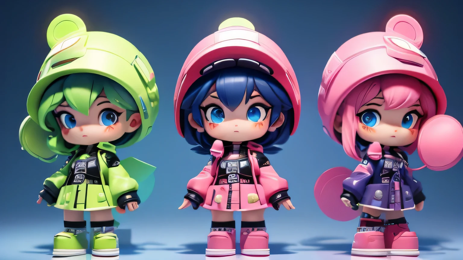 Based on modern artificial intelligence,Three separate pieces of the same clothing,Three View,Cool hat,Technologically sensible dress-up,solid color background,stand,Three View,complete hand,perfect face,masterpiece,more details,C4D style