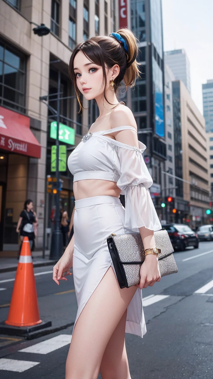 (最high quality, 8K, masterpiece: 1.3, Ultra HD, high quality, 最high quality, High resolution, realism)) 、25 year old white woman、brunette、blue eyes、long hair、smile、slender、slenderだがアスリートのような細マッチョ、I don't want my head to disappear from the screen.、Wear accessories on your wrist、Wearing red nail polish、I have a peticure、Wear a sheer, off-the-shoulder bodycon top、wear sandals、have a clutch bag、Skyscraper background、Waiting for a traffic light at an intersection、crystal earrings((crystal earrings))、inner color((colored inner hair))、long hair ((long hair))、Undercut Hair((undercut))、dark blonde、Split Ponytail((split ponytail))