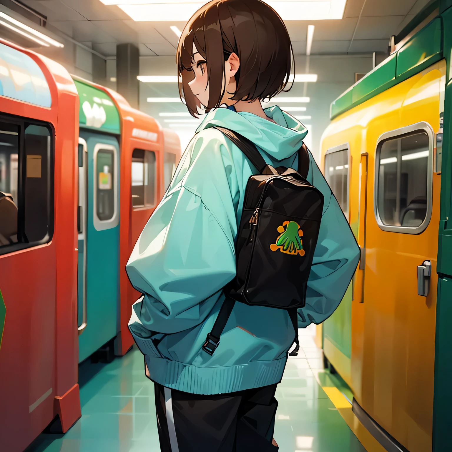 girl、brown hair、short hair、hoodie、sneakers、subway、show your back