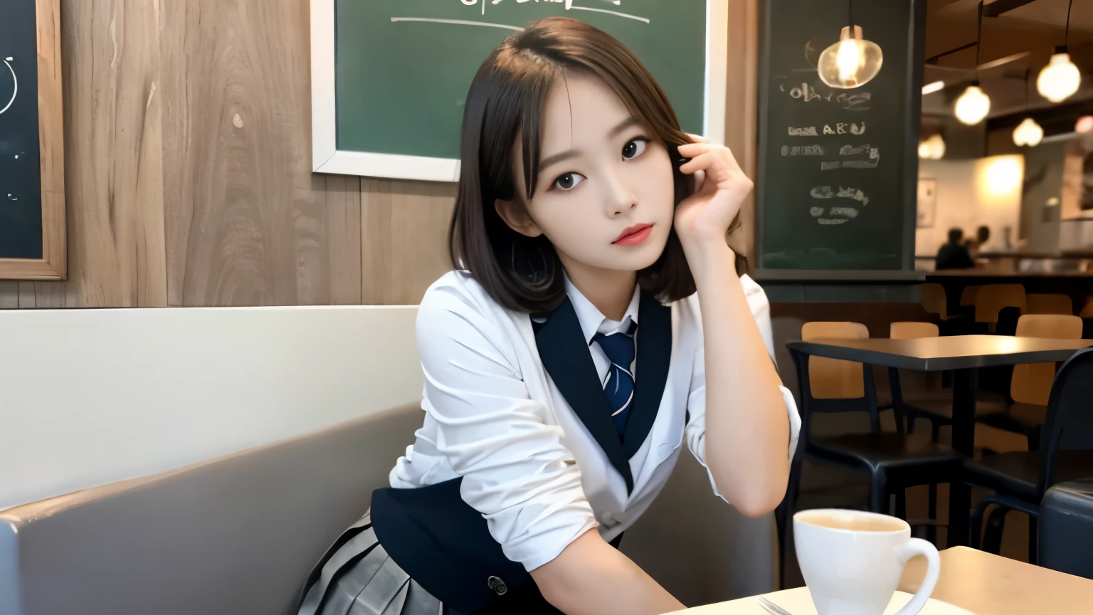 8K, highest quality, real image, intricate details, Super detailed, ultra high resolution, depth field,(realistic,realistic:1.2),table top , front shot , Photographed at a stylish cafe , girl, とても美しい17歳のgirl, innocent big eyes,、highly detailed eyes:1.2)、bangedium short hair, perfect skin, Fair skin, tight waist, light blush, look at the viewer,((School_uniform),(blazer), (white shirt、wear a tie), (gray pleated skirt), (sculpture installation :1.1), urban cafe space, Customers enjoying cafe around