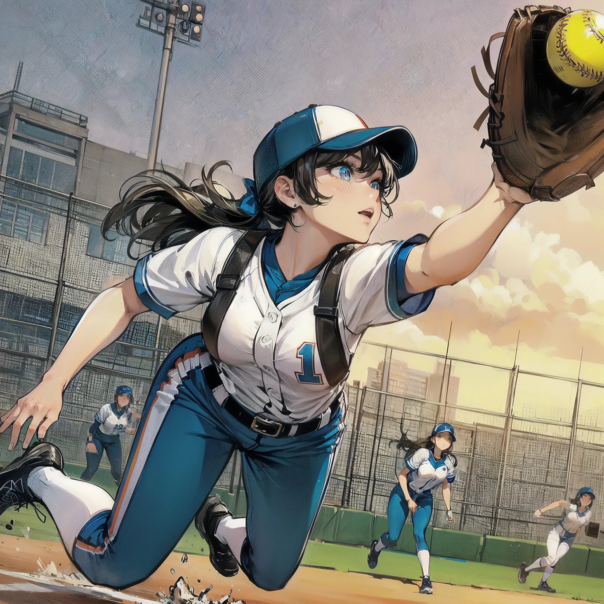 high quality,HD,16k,sharp lines,1 girl,Female softball athlete ,cute face, large breasts, nice legs,At the softball venue,focus girl,detailed beautiful face,detailed clothes,beautiful eyes,cool,dynamic angle