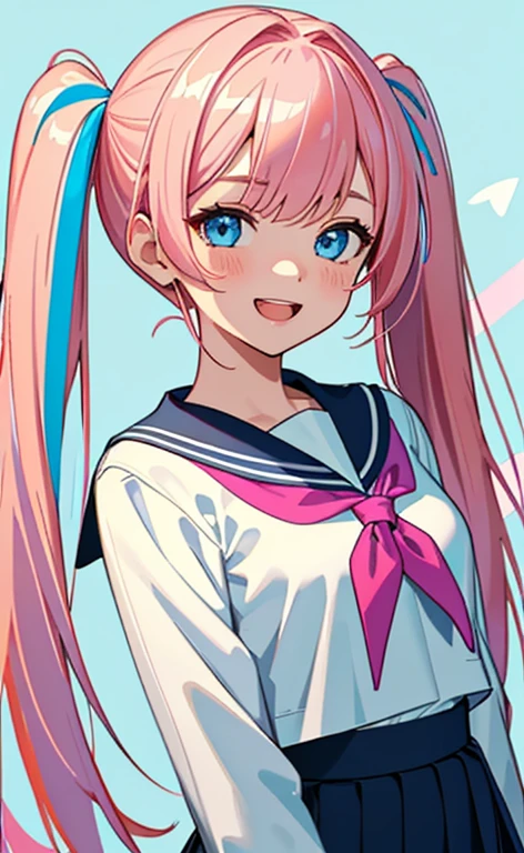(masterpiece、top-quality、8k size wallpaper、offcial art)、(face focus:1.3,portrait,upper body)、(1girl),Open mouth happy grin,cute face,blue eyes、twintails、
,(stand),
,(sexy body),(sailor uniform,skirt),(long fluorescence pink hair), (small breasts)、
、fluorescence、classroom,JK、