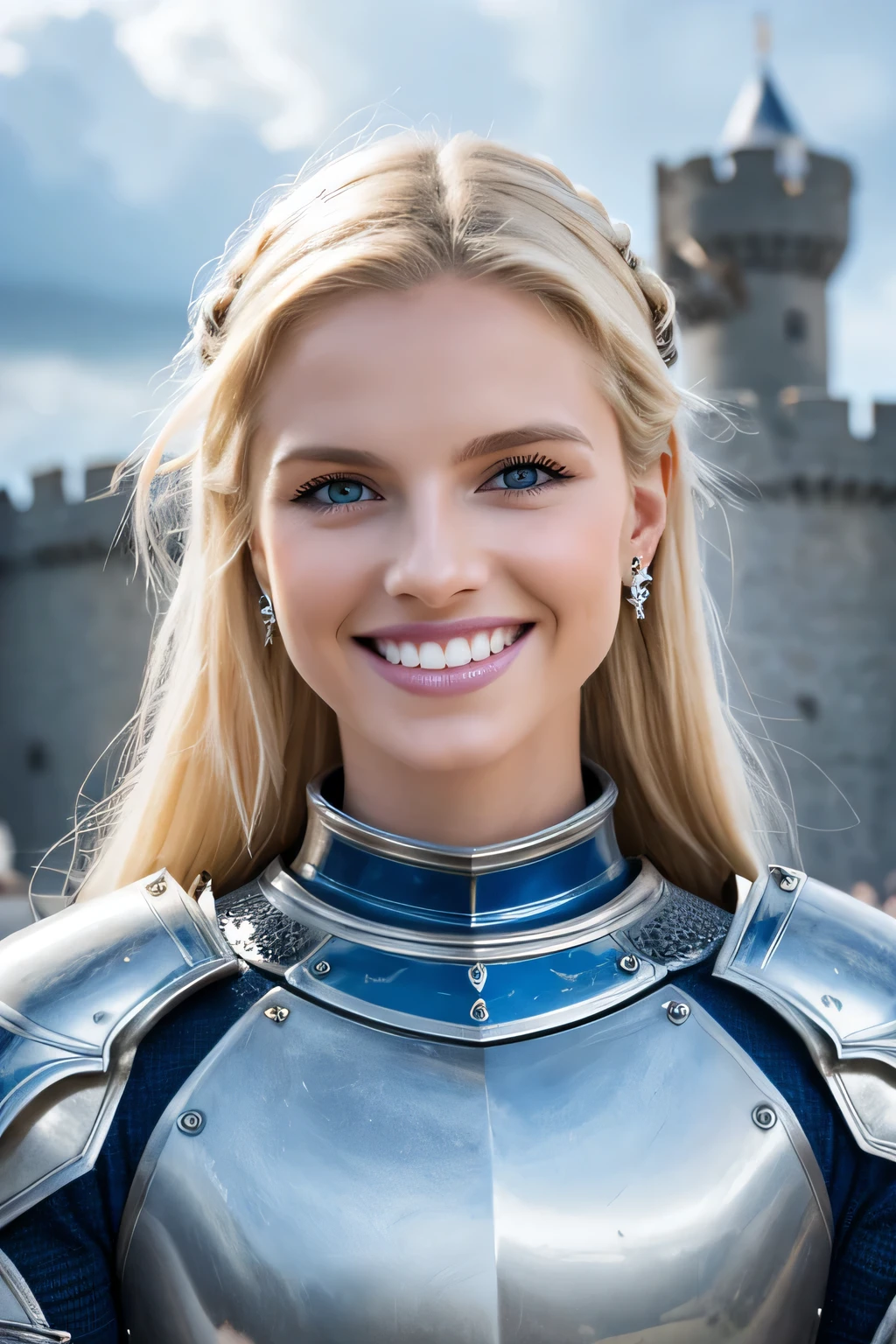 ８Ｋ、highest quality、female knight、The background is a castle、Luxurious Silver Armor、heavy equipment、hairstyle shortcut、smile、beautiful teeth、full body photo、ear piercing、blonde、white woman、blue eyes、heavy makeup、The background is a cloudy sky、mouth half open

