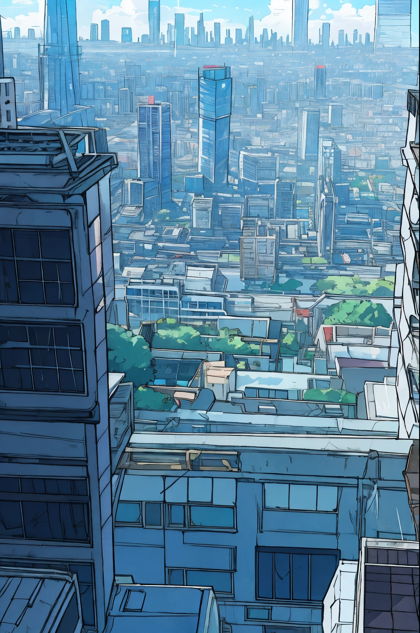 City skyline in webtoon style, view from rooftops