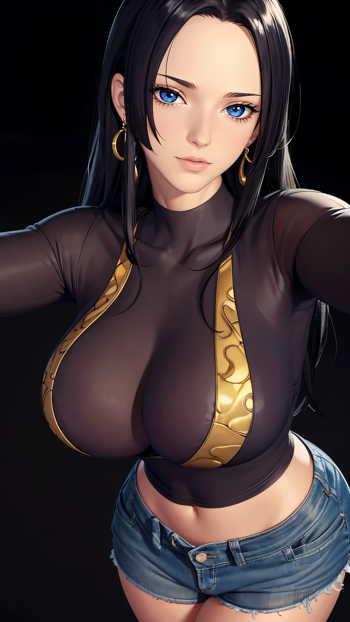 （（（完美figure，figure，Black T-shirt, denim jacket, denim shorts, （（（boa hancock，Dark long hair, combed with a chiffon hairstyle, slightly wide forehead smooth and flat, deep blue eyes, slender and delicate corners of the eyes, almond eyes exuding a hint of coldness, nose bridge high and straight, nose small and delicate, lips soft without any wrinkles. Wearing a pair of snake shaped golden earrings under the ears）））((masterpiece)),high resolution, ((Best quality at best))，masterpiece，quality，Best quality，（（（ Exquisite facial features，looking at the audience,There is light in the eyes，Happy，lol））），型figure:1.7））），（（（Interlacing of light and shadow，huge boobs））），（（（looking into camera，black background，）））