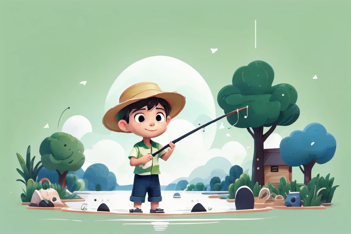 A little boy wearing a straw hat，Fishing by the creek。Fresh green tones，white background。