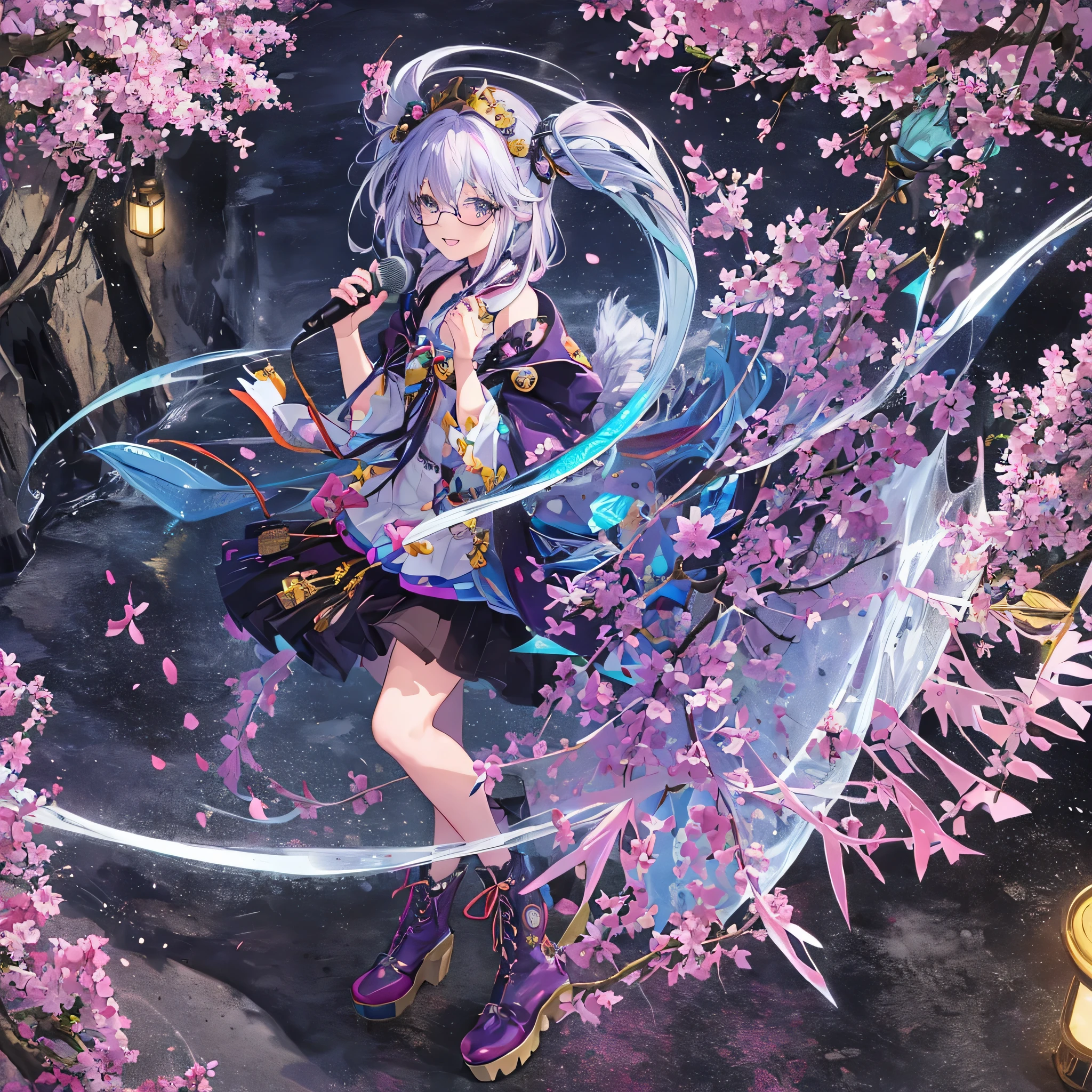 (from above, double exposure),pure beauty,extremely detailed, 4K, 8K, best quality, beautiful, watercolor pencil,live, colorful, a cute girl, 1girl, solo, smile, heart effect,(idol dress, idol skirt, idol coat,idol boots:1.5),(idol smile:1.8),(action:1.4),(flat bust:1.4),,(1 girl)、cinematic lighting, art station trends, a cute girl,(spectacles:1.3)、(beautiful purple hair,silky hair, shiny hair:1.5), (beatiful white hair,beautiful transparent hair, spiral curls:1.2)、(small top hat:1.1)、Gothic Lolita、white luxury cape、vivid color,(singing:1.8),break, live,live performance, (spotlight:1.8),(Cherry tree,SakuraFubuki:1.8),(upper body:1.2)