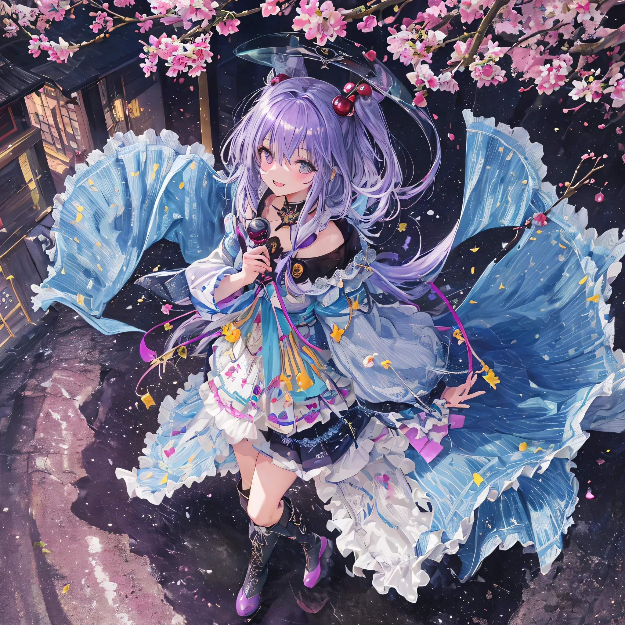 (from above, double exposure),pure beauty,extremely detailed, 4K, 8K, best quality, beautiful, watercolor pencil,live, colorful, a cute girl, 1girl, solo, smile, heart effect,(idol dress, idol skirt, idol coat,idol boots:1.5),(idol smile:1.8),(action:1.4),(flat bust:1.4),17 years old,(1 girl)、cinematic lighting, art station trends, a cute girl,(spectacles:1.3)、(beautiful purple hair,silky hair, shiny hair:1.5), (beatiful white hair,beautiful transparent hair, spiral curls:1.2)、(small top hat:1.1)、Gothic Lolita、white luxury cape、vivid color,(singing:1.8),break, live,live performance, (spotlight:1.8),(Cherry tree,SakuraFubuki:1.8),(upper body:1.2)