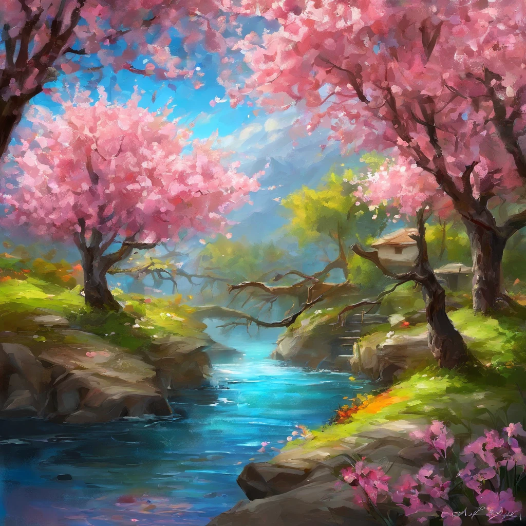 ((最high quality,8K,Unorganized resolution,16k, masterpiece: 1.3))(best illustrations), (best shadow) Creatures Vivid colors, water, beauty of nature, 平和なオアシス Wind景のみ,, Cherry tree, Petals floating in the air, 青空のワンダーランド ray tracing,wonderful、8K、table top、Raw photo、wonderful、no people、フォトリアリスティックかつvery detailed、cg、high quality、very detailed、Narrative poem、particle effects、dynamic effects、Text Boundary Depth、cinematic light、Lens flare、ray tracing、table top、genuine、ultra hd、fantasy)、美しいwater、waterしぶき、waterの流れ、waterのうねり、fantastic beauty、透き通ったgreenいwaterの美しさと輝き、waterの静けさと美しさ、wonderfulWind景、美しい天然water、green、Wind、wonder,8kultra hd, HDR,unique design,One and only,magnificent composition,one scene,anime style,studio lighting,ultra wide angle,Original elements,full body description,dynamic angle,symbol,dynamic lighting,professional color grading,Creative,extreme detail,glow effect