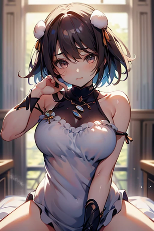 1girl,solo,retina,masterpiece, Awards, high quality, High resolution, HD, 4K,8K,high quality, rough skin,breast focus,(large breasts:1.3),faint smile,oily skin,underside of breasts,(mochi shaped breasts:1.2),(closeup upperbody:1.5),white clothe,,(short height,petite:1.4),camisole,(Symmetric posing:1.3),(mochi shaped breasts:1.2),breasts roundness,stradding