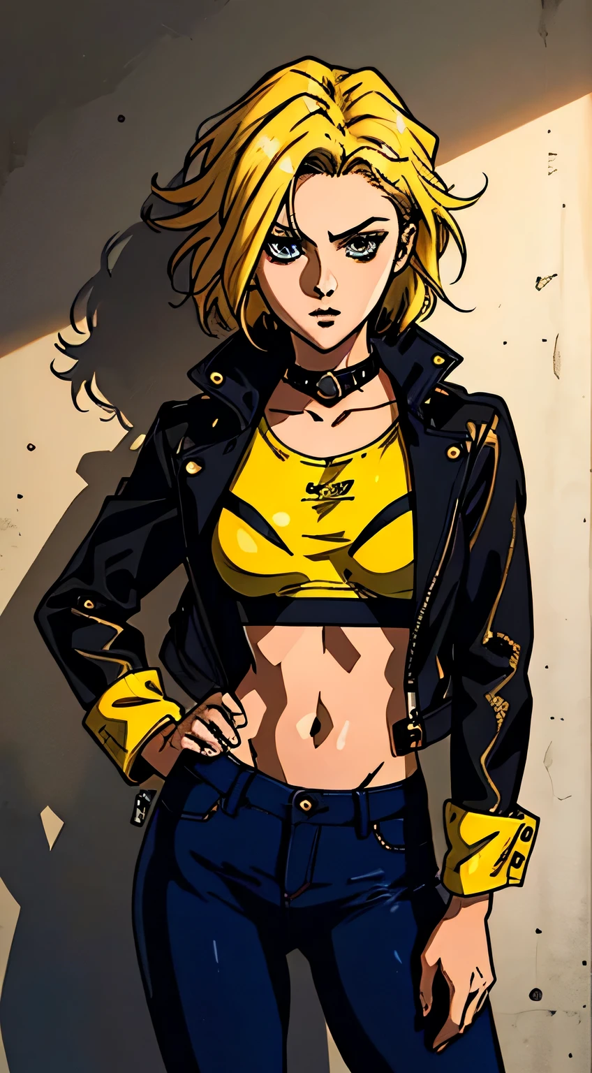 Beautiful woman with messy blonde hair, oval face, Sensitive features, Slender eyes that show wit., She wore a slim-fitting leather jacket that was mainly black and yellow.., He was wearing a brown jacket with a furry collar on top.., Her lower half was clad in dark blue jeans.., She stood casually with her hands on her hips.., The character designs reflect a punk style smuggler inspired by Japanese anime designs.., The artwork features intricately detailed character designs.., Featuring a Japanese manga art style for adults.., ((character concept art)), Drawing all characters, high definition, best quality, very detailed, very delicate, Anatomically correct, Symmetrical face, ดวงตาและใบหน้าที่very detailed, High quality eyes, creativity, raw photos, UHD, 8k, (natural light, professional lighting:1.2, movie light:1.5, best shadow), (Masterpiece:1.5)