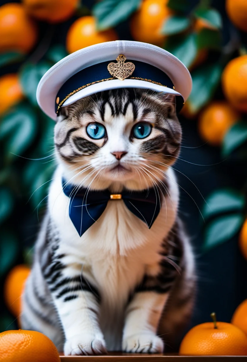 8K、High resolution、((picture frame hanging on the wall))、((Catの写真が入った額縁))、フレーム内のCatの写真は白黒です、full body close-up、Cat is looking at me、Cat'The eyes of are watching me、Cat is a Scottish Fold、Jewel-like bright blue eyes、plump mouth、shining lips、、Wear a neon hat、High resolution 、live action、The area is surrounded by mountains of oranges.。、Orange tile wall behind orange fruit、Illuminated by orange light