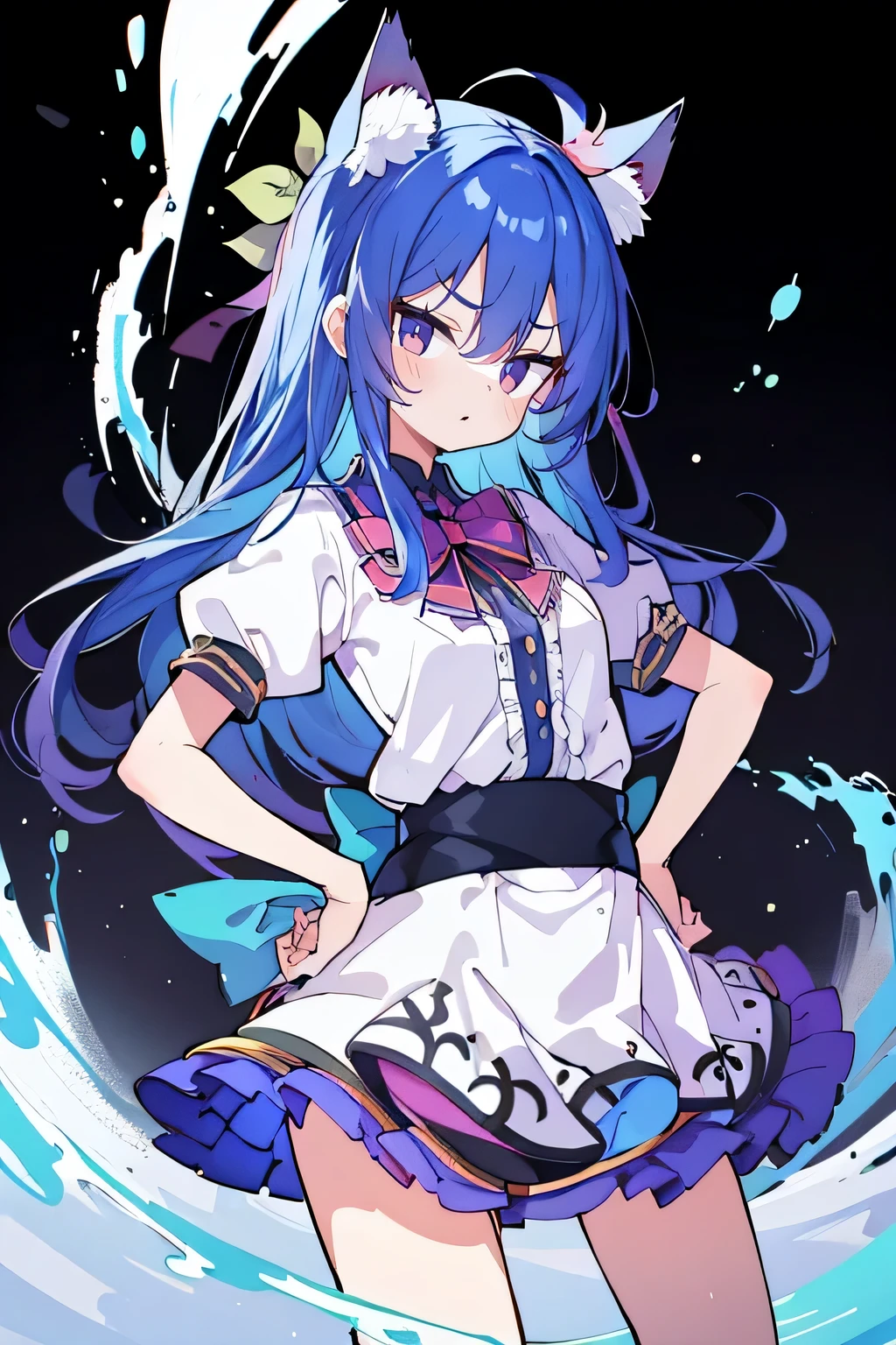 (masterpiece),best quality, expressive eyes, perfect face, 1girl,
Put your hands on your waist,fair, Gorgeous,Japanese cartoons,girl,lola,Hina Angel, blue hair, blue haired, floating clothes,Grab your waist, Grab your waist, hands on hips , hands on hips,sit, sit on ground, Legs on the ground, flat chest,cat ears,
