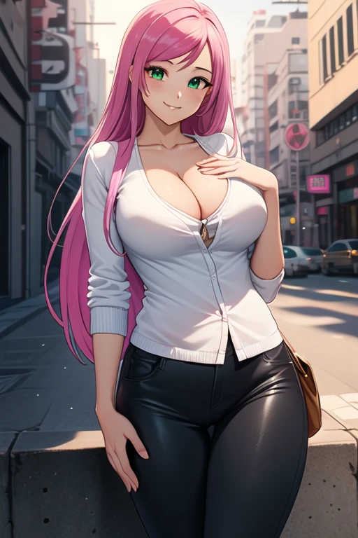 1 girl, 19 years old, Long pink hair, green eyes with slit pupils, master-piece, best quality, (standing up), (white shirt), (tight long sleeve white crop cardigan, black pants, bright red heels, cleavage),  (Big , ultra gigantic , Super super big, Glamorous body), Make eye contact with the camera, front figure, looking forward, (light_Smile:1.5), (Detailed hands and fingers:1.2) (Cyberpunk City), (FULL BODYSHOT), thighs thighs thighs thighs、beauty legs、Bare legs