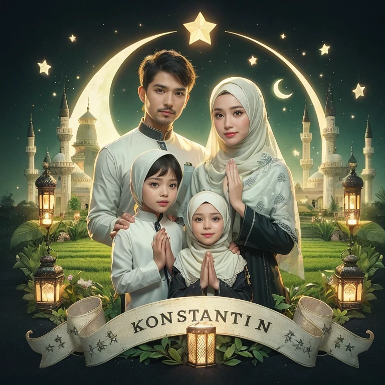 Realistic 3D, muslim family
Indonesia, 36 year old man, 30 year old woman, 6 year old girl, 1 person with hijab, 3 year old with hijab, namaste hand position. on the circle
Eid al-Fitr theme includes pictures of mosques,
lanterns and moon stars, diamonds, on ribbons
At the bottom there is the inscription "Konstantine
FAMILLY" written under it was a black light
with spots. Realistic 3D. Details.
HD. Clear. light green gradient background
and dark green