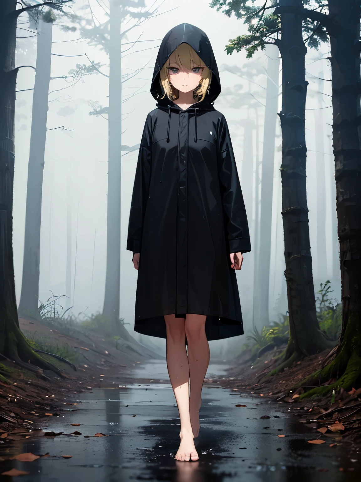 fog,soil,forest,rain,cloudy,1 girl,blonde,Wear a black hood,black long raincoat,barefoot,walk,serious face,Sweat,Wet