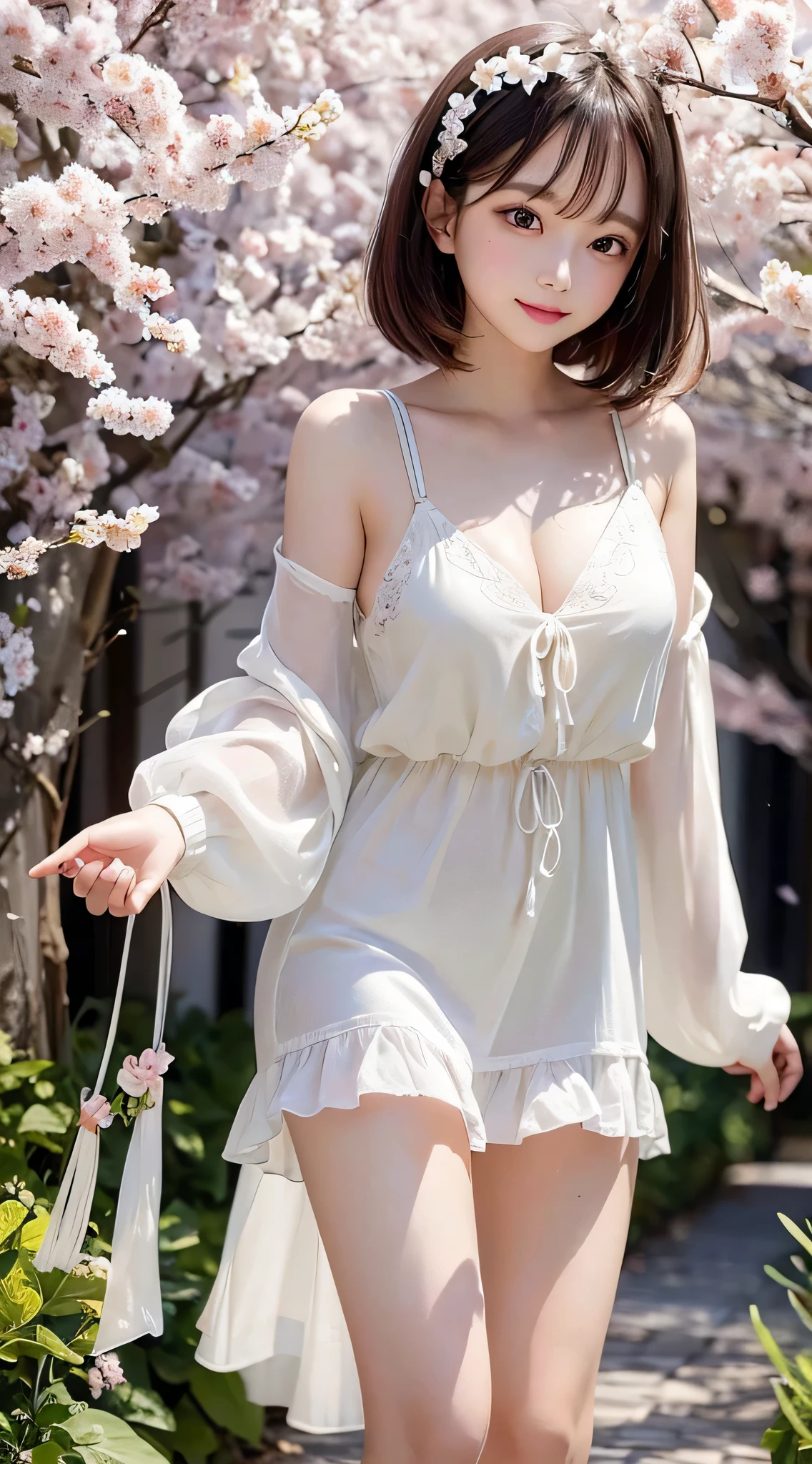 Beautiful white and shining skin、Chestnut hair that changes depending on the light、Long bangs between the eyes that obstruct the view、Cheek gloss highlights、Sexy and very beautiful nice gorgeous face、the most beautiful face in the world、small face beauty、golden ratio、full body shot、short hair、plump breasts、slender、open your mouth a little、solo、natural soft light、Spring-like fashion、constriction、Chiffon frill flare dress、cardigan、Cherry blossom trees、Dancing cherry blossom petals、