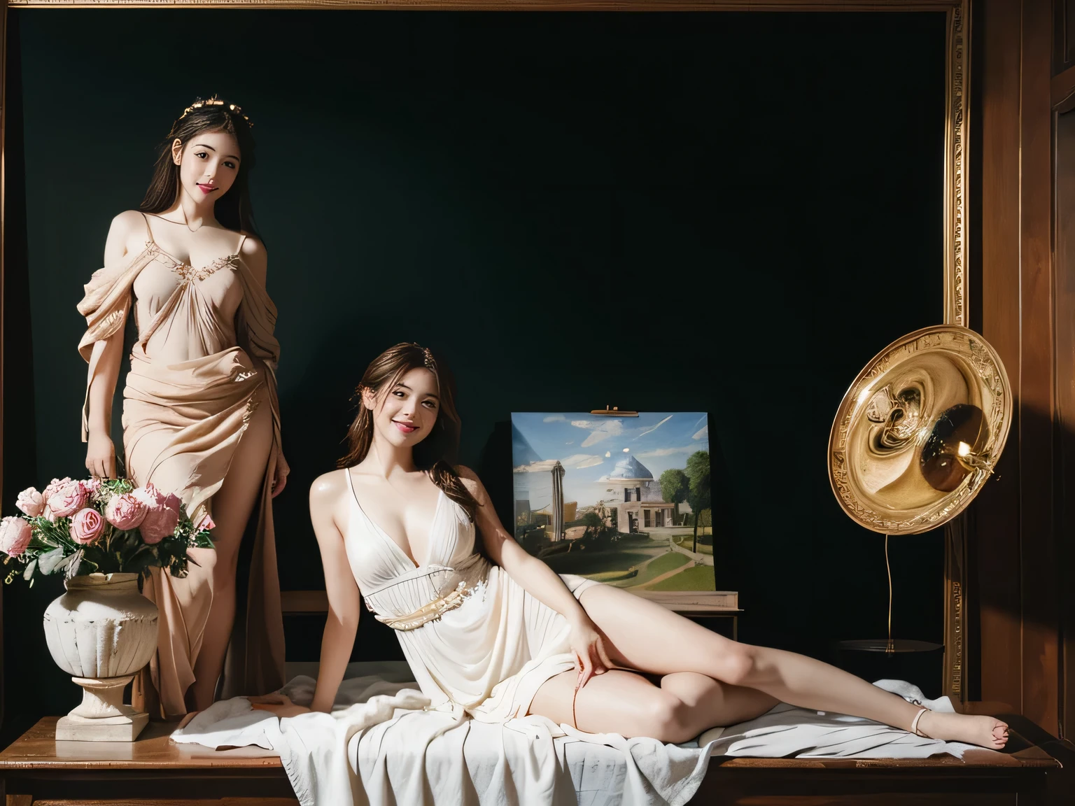 full body portrait or statue、Giorgione painting style,Arguments of two female Philosophe,math、astronomical machine、astronaut、roses in vase、fruits、Cute trinkets、smile、ancient greek costume、Ancient Roman landscape in the style of Nicolas Poussin,laughter,,Sweet and seductive appearance.、Caravaggio's paintings、Chiaroscuro of Caravaggio、hair tousled by the wind,Two women frolicking,cute smile, expression of ecstasy,Sexy,erotic