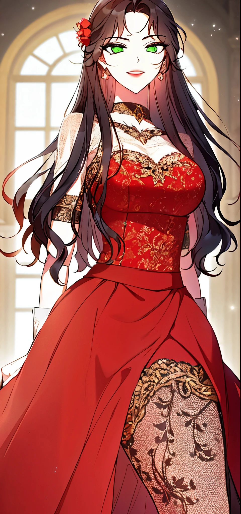 Beautiful woman, wearing a beautiful dress, woman with makeup, red lips, aristocratic woman, black dress.