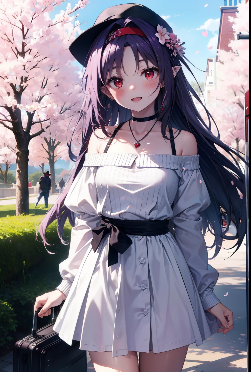 yuukikonno, yuuki konno, hairband, long hair, pointy ears, purple hair, (red eyes:1.5), (small breasts:1.2),blush, happy smile, smile, open your mouth,Hunting Hat,White off-shoulder sweater,bare shoulders,naked neck,bare clavicle,Heart shaped pendant,Purple long skirt,white sneakers,Cherry blossoms are scattered,cherry blossoms are blooming,Cherry Blossom Tree-lined Path BREAK looking at viewer, full body,,(cowboy shot:1.5),
BREAK outdoors, garden,
BREAK (masterpiece:1.2), best quality, high resolution, unity 8k wallpaper, (illustration:0.8), (beautiful detailed eyes:1.6), extremely detailed face, perfect lighting, extremely detailed CG, (perfect hands, perfect anatomy),