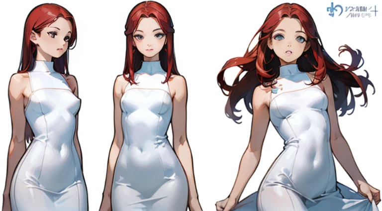 ((highest quality)), ((masterpiece)), ((realistic)) 19 years old, redhead girl, Hair length to the armpits, relaxed and happy face ((thin)) (Big breasts), ((( White Bodycon Dress))) ((sexy dress))Odango hairstyle, (((detailed character sheet, Front view, Side view, 3/4 view))) (((white background))) 6 and a half whole bodies