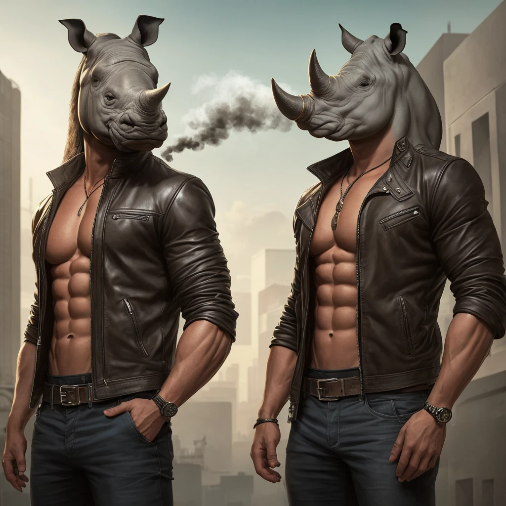"A work of genius, Ultra-detailed depictions of anthropomorphic animal artwork, Inspired by gangster themes, Display anthropomorphic rhino. Handsome and stern face, wearing leather jacket, There are dim lights all around, Smoke and shadows, Against the backdrop of the urban landscape. Highest quality technology, Single-focus lens, Powered by Unreal Engine for high detail,Perfectly reproduces the complex beauty of the muscular male body. " - car