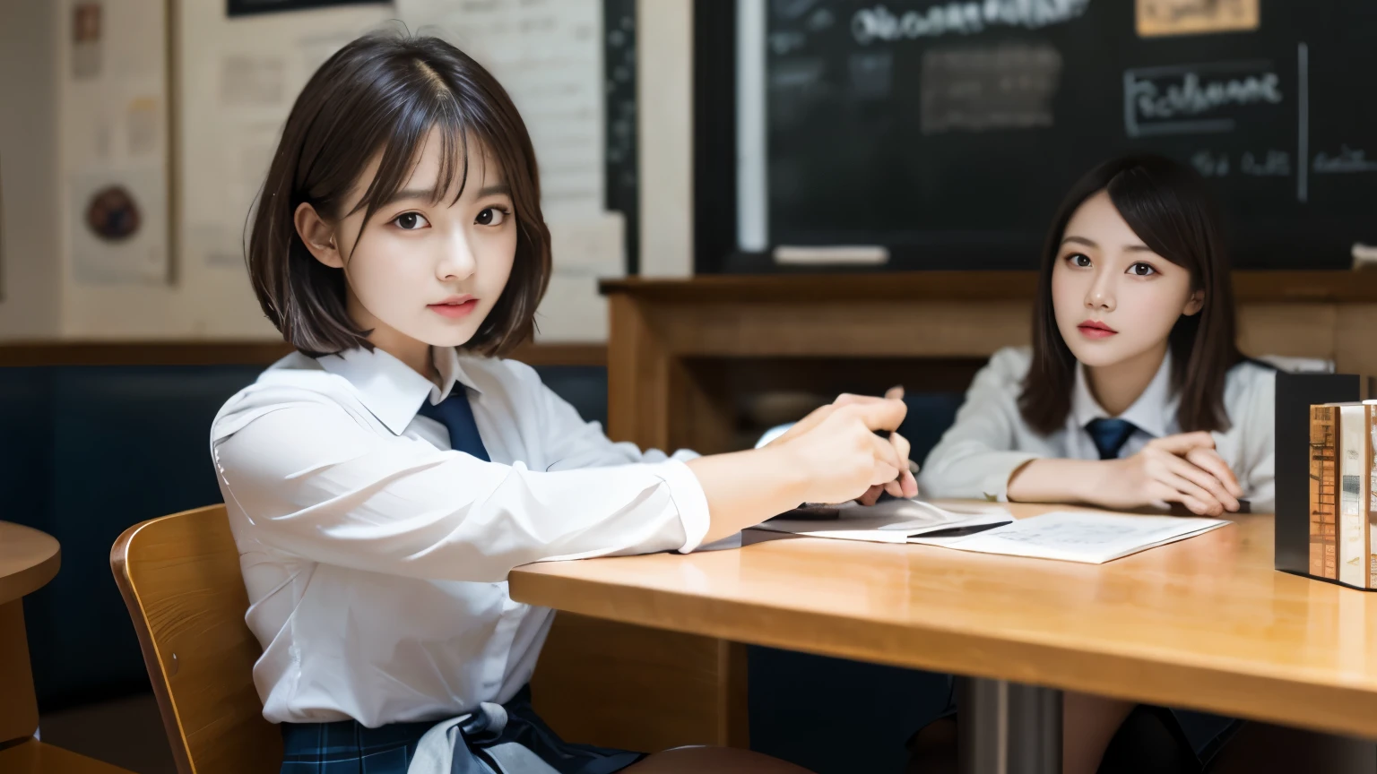 8K, highest quality, real image, intricate details, Super detailed, ultra high resolution, depth field,(realistic,realistic:1.2),table top , front shot , Photographed at a stylish cafe , girl, とても美しい17歳のgirl, innocent big eyes,、highly detailed eyes:1.2)、bangedium short hair, perfect skin, Fair skin, tight waist, light blush, look at the viewer,((School_uniform),(blazer), (white shirt、wear a tie), (gray pleated skirt), (sculpture installation :1.1), urban cafe space, Customers enjoying cafe around