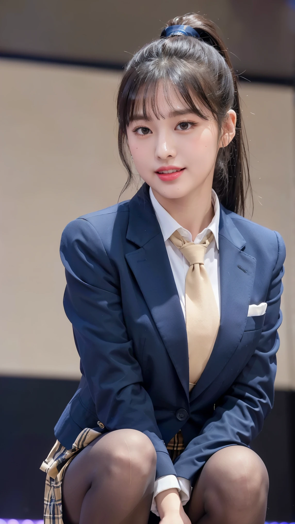 (8K), (highest quality: 1.2), (realistic), (realistic: 1.37), ultra high resolution, 1 girl, cute, smile, closed mouth, beautiful details, beautiful nose, wet hair, giant dulcefo, pork, thighs,Self snap,University Student Uniform,simple blazer,pleated skirt,opaque knee high tights,Sitting on a Tokyo train,cross your legs, From above,thighs,ponytail